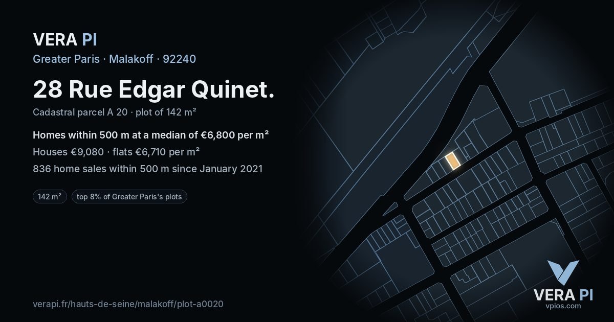 28 Rue Edgar Quinet, Malakoff at night – the plot lit, the parcels around coloured by the prices near them