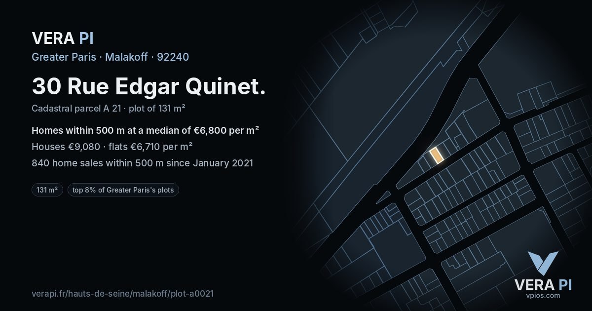 30 Rue Edgar Quinet, Malakoff at night – the plot lit, the parcels around coloured by the prices near them