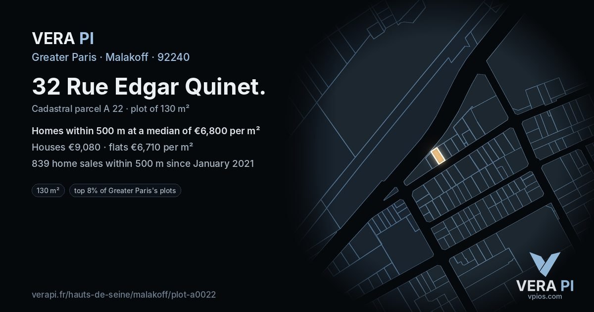 32 Rue Edgar Quinet, Malakoff at night – the plot lit, the parcels around coloured by the prices near them