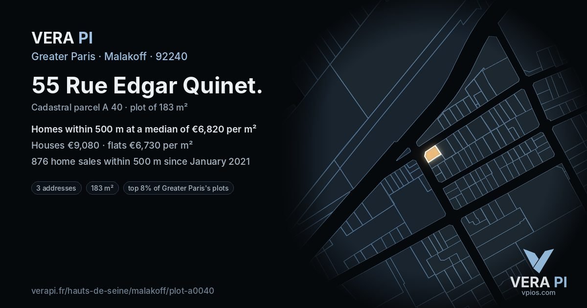 55 Rue Edgar Quinet, Malakoff at night – the plot lit, the parcels around coloured by the prices near them