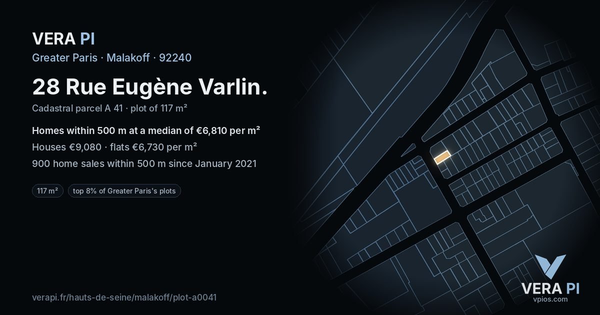 28 Rue Eugène Varlin, Malakoff at night – the plot lit, the parcels around coloured by the prices near them