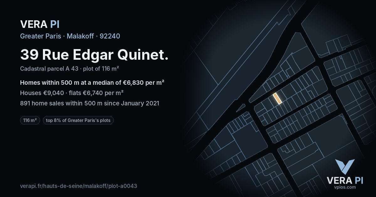 39 Rue Edgar Quinet, Malakoff at night – the plot lit, the parcels around coloured by the prices near them