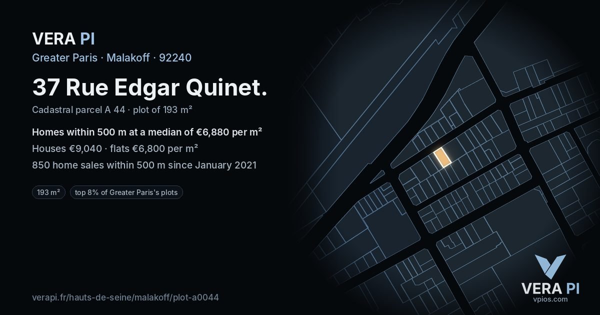 37 Rue Edgar Quinet, Malakoff at night – the plot lit, the parcels around coloured by the prices near them