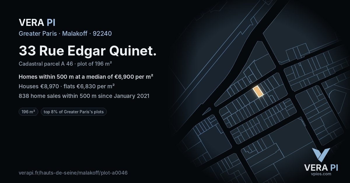 33 Rue Edgar Quinet, Malakoff at night – the plot lit, the parcels around coloured by the prices near them