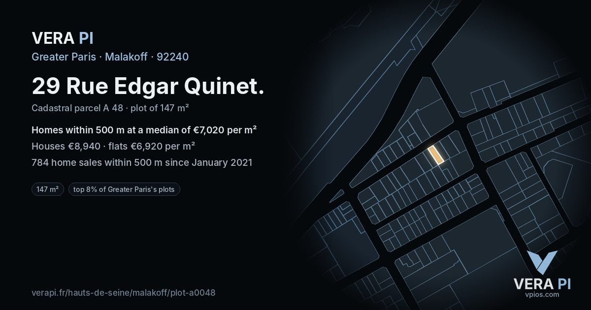29 Rue Edgar Quinet, Malakoff at night – the plot lit, the parcels around coloured by the prices near them