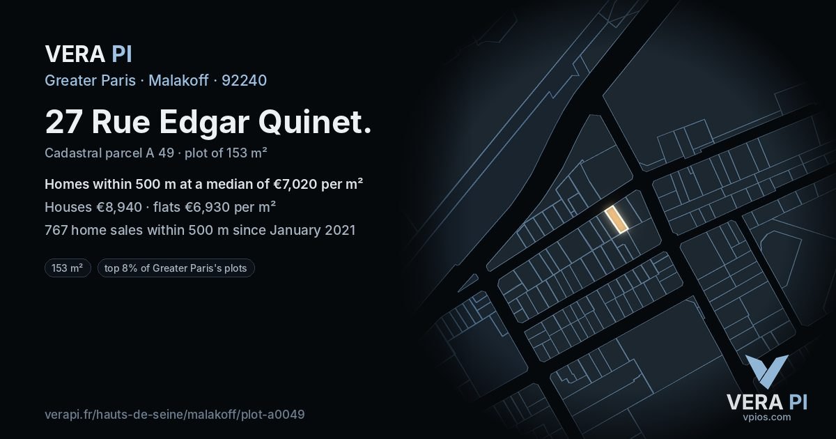 27 Rue Edgar Quinet, Malakoff at night – the plot lit, the parcels around coloured by the prices near them