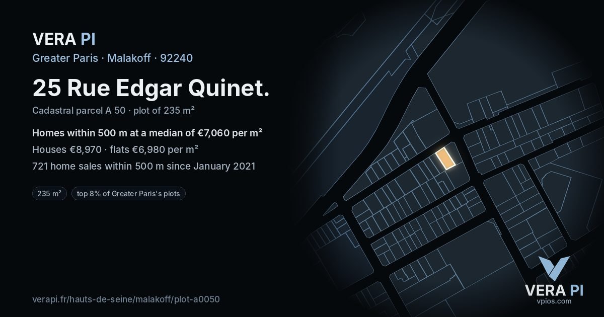 25 Rue Edgar Quinet, Malakoff at night – the plot lit, the parcels around coloured by the prices near them