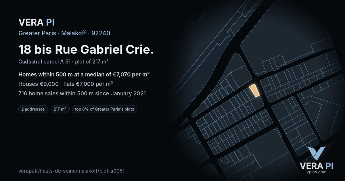 18 bis Rue Gabriel Crie, Malakoff at night – the plot lit, the parcels around coloured by the prices near them