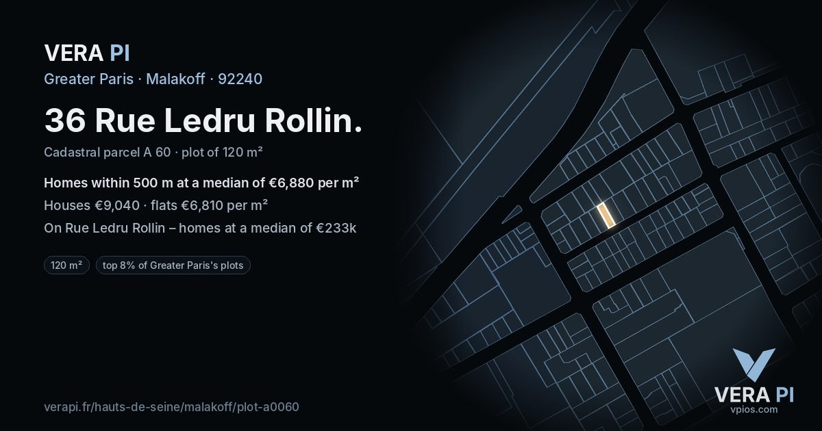 36 Rue Ledru Rollin, Malakoff at night – the plot lit, the parcels around coloured by the prices near them