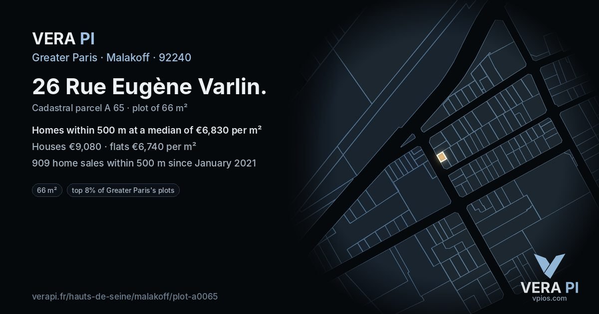26 Rue Eugène Varlin, Malakoff at night – the plot lit, the parcels around coloured by the prices near them