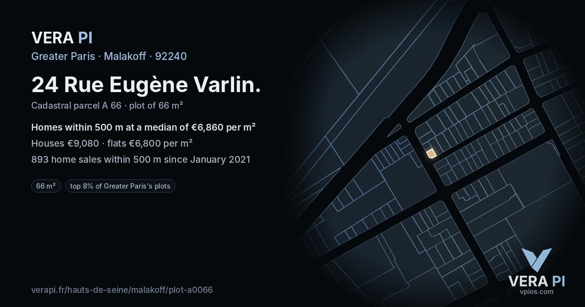 24 Rue Eugène Varlin, Malakoff at night – the plot lit, the parcels around coloured by the prices near them