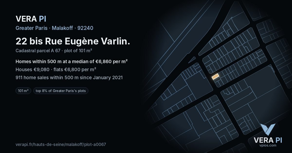 22 bis Rue Eugène Varlin, Malakoff at night – the plot lit, the parcels around coloured by the prices near them
