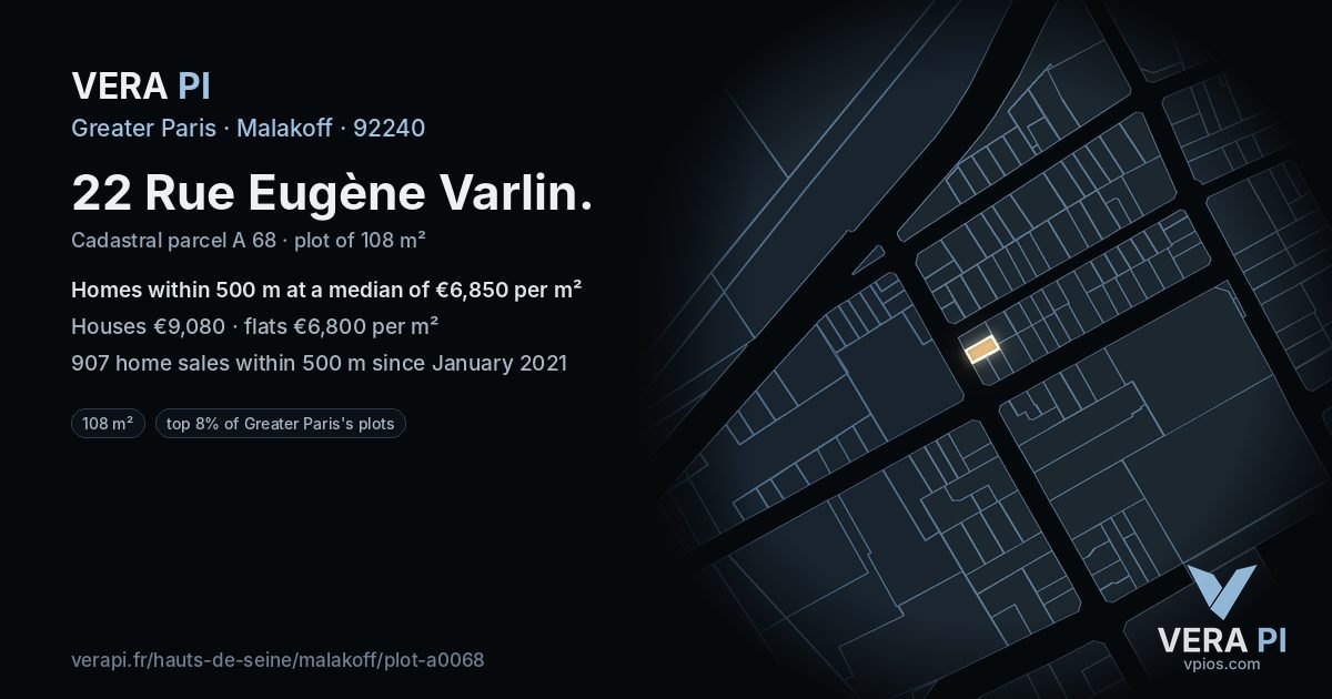 22 Rue Eugène Varlin, Malakoff at night – the plot lit, the parcels around coloured by the prices near them