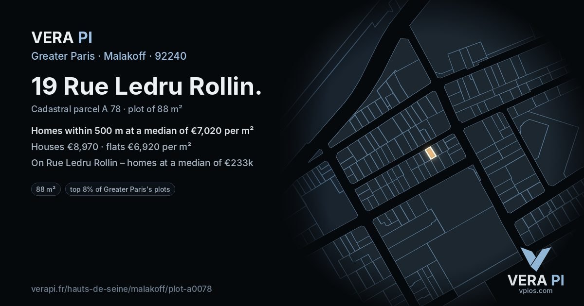 19 Rue Ledru Rollin, Malakoff at night – the plot lit, the parcels around coloured by the prices near them
