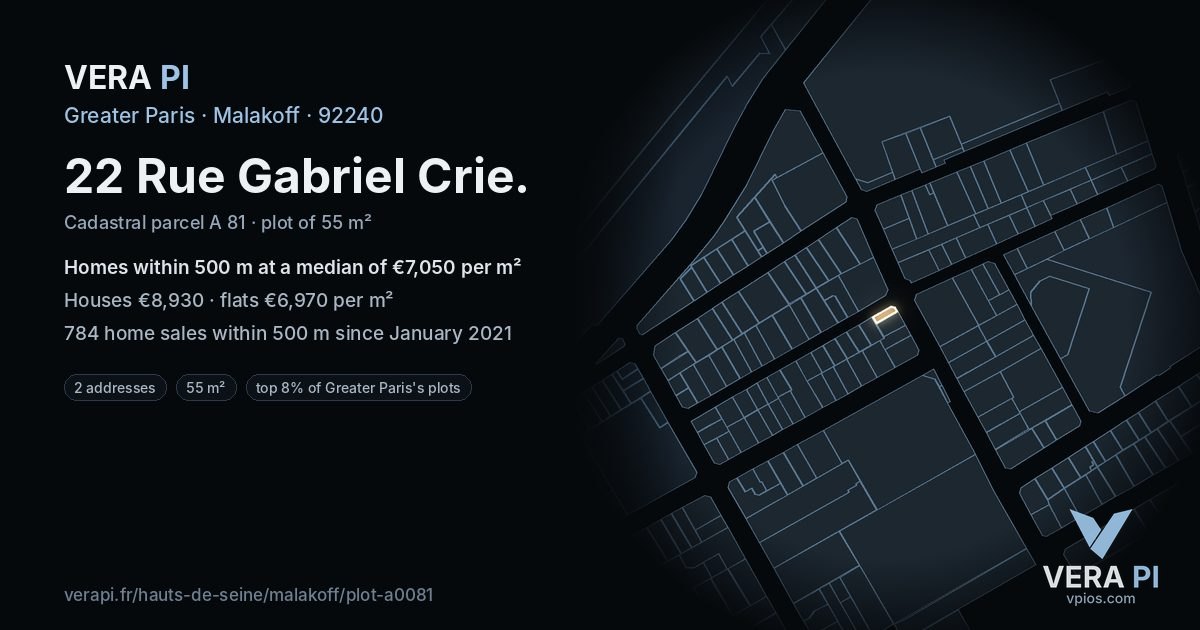22 Rue Gabriel Crie, Malakoff at night – the plot lit, the parcels around coloured by the prices near them