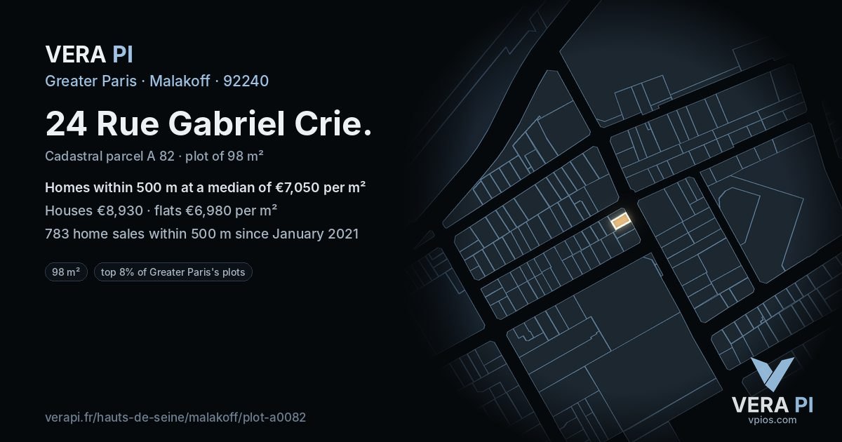 24 Rue Gabriel Crie, Malakoff at night – the plot lit, the parcels around coloured by the prices near them