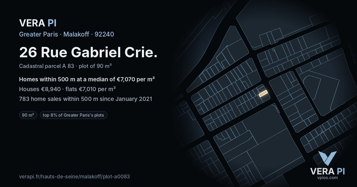 26 Rue Gabriel Crie, Malakoff at night – the plot lit, the parcels around coloured by the prices near them