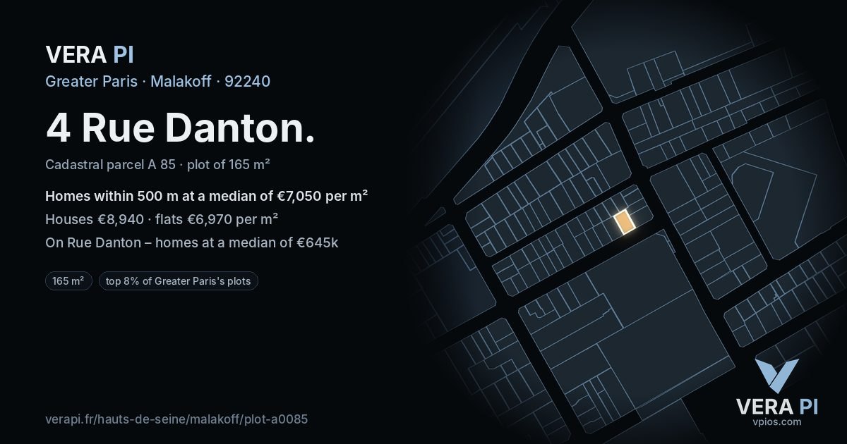 4 Rue Danton, Malakoff at night – the plot lit, the parcels around coloured by the prices near them