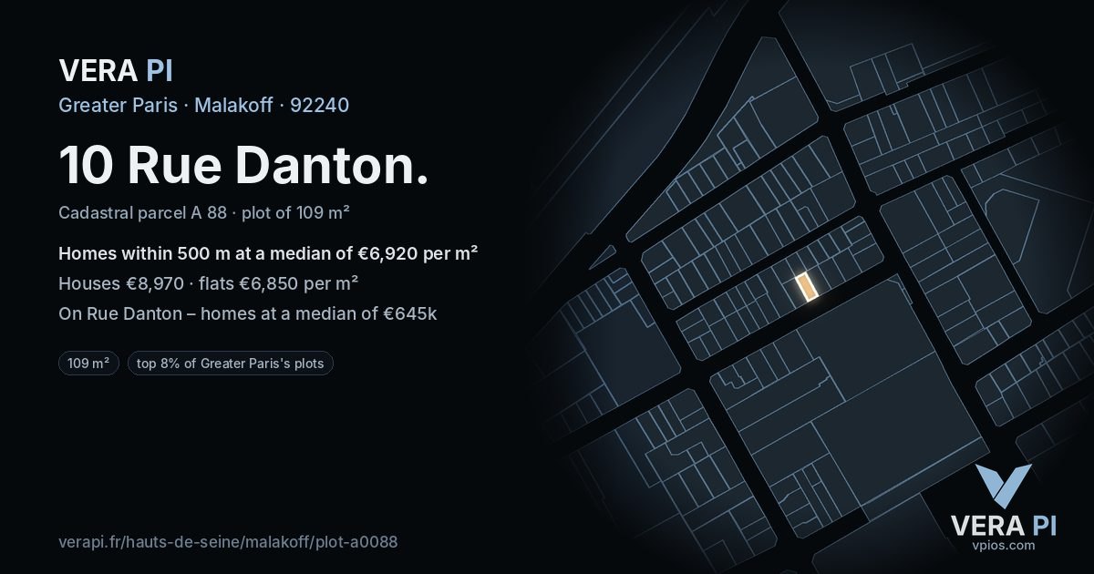 10 Rue Danton, Malakoff at night – the plot lit, the parcels around coloured by the prices near them