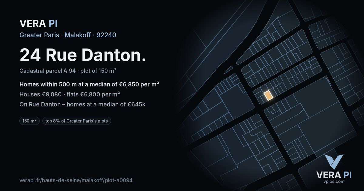 24 Rue Danton, Malakoff at night – the plot lit, the parcels around coloured by the prices near them