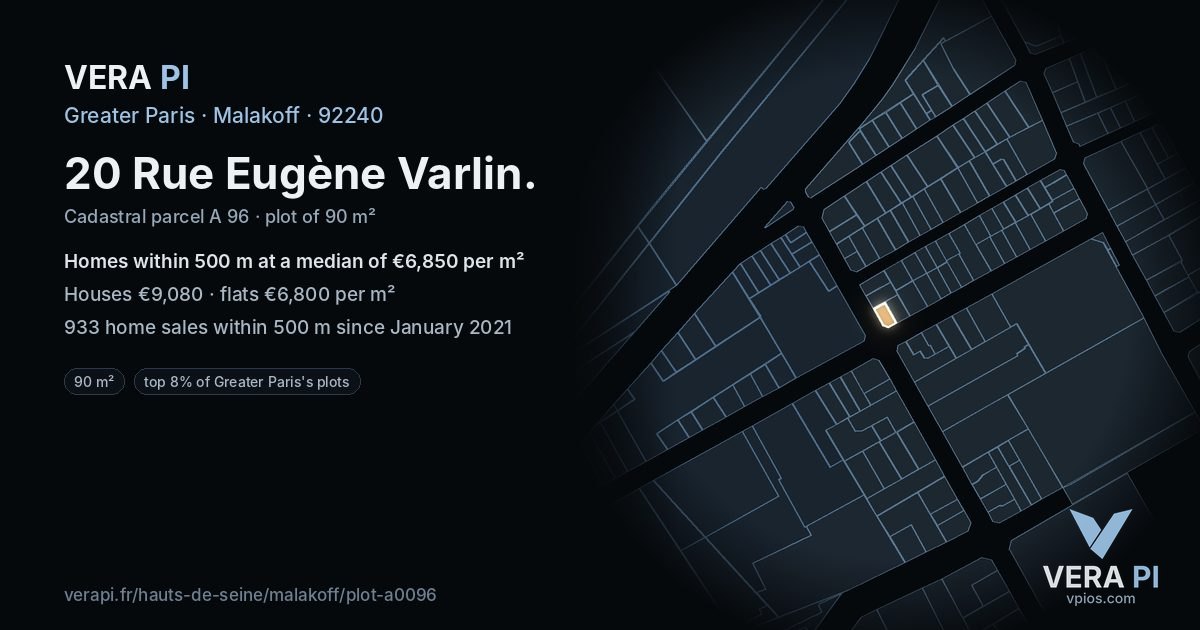 20 Rue Eugène Varlin, Malakoff at night – the plot lit, the parcels around coloured by the prices near them