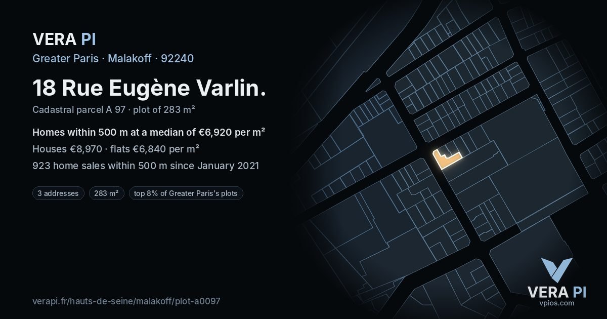 18 Rue Eugène Varlin, Malakoff at night – the plot lit, the parcels around coloured by the prices near them