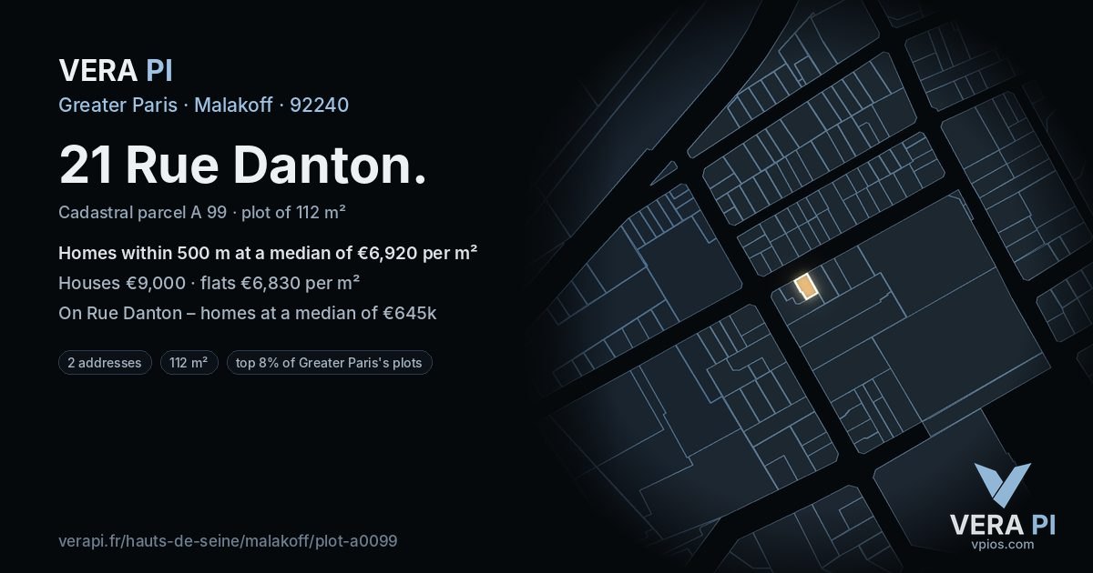 21 Rue Danton, Malakoff at night – the plot lit, the parcels around coloured by the prices near them