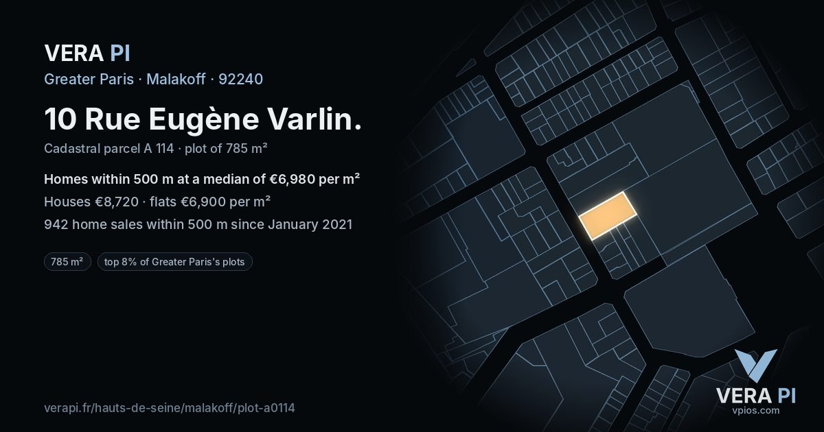 10 Rue Eugène Varlin, Malakoff at night – the plot lit, the parcels around coloured by the prices near them