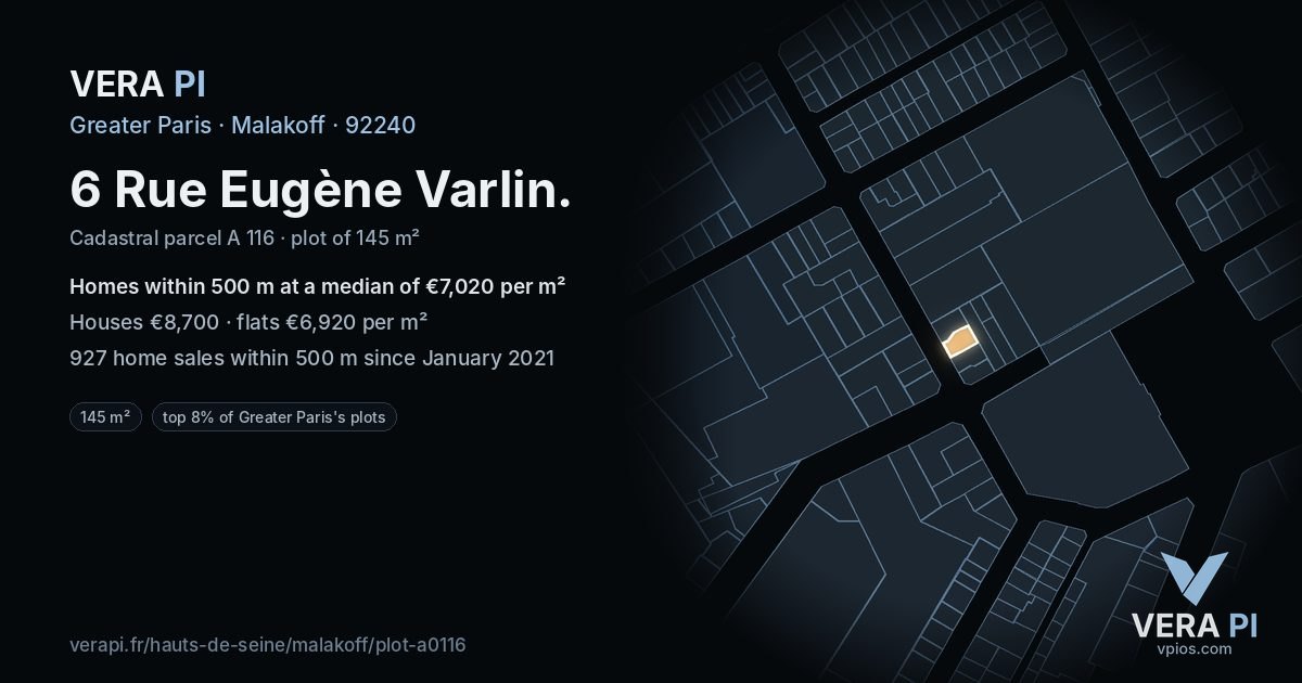 6 Rue Eugène Varlin, Malakoff at night – the plot lit, the parcels around coloured by the prices near them