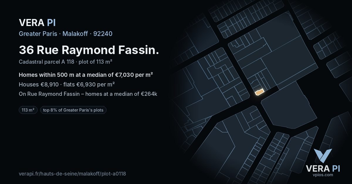 36 Rue Raymond Fassin, Malakoff at night – the plot lit, the parcels around coloured by the prices near them