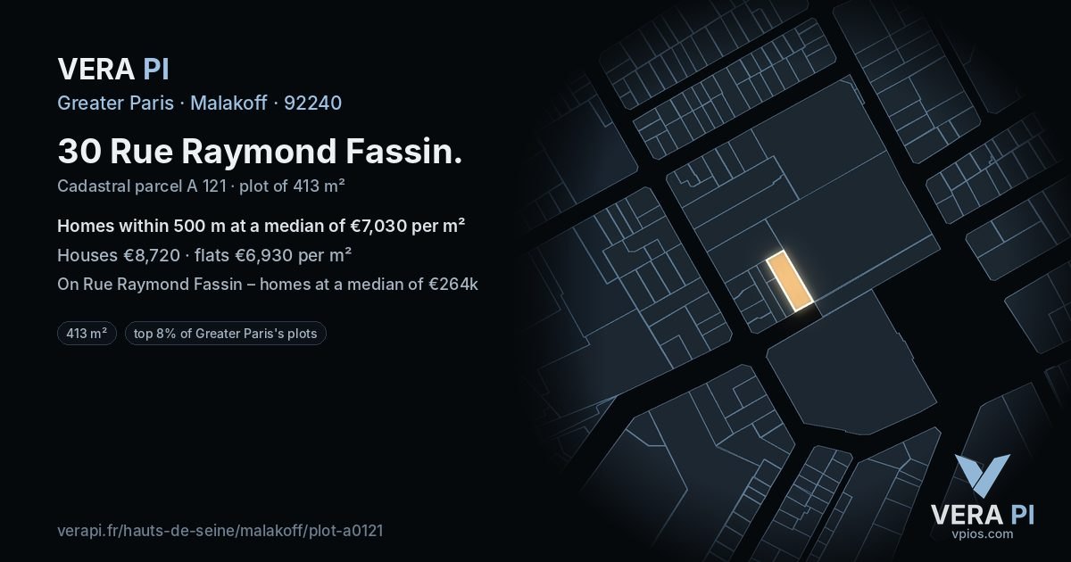 30 Rue Raymond Fassin, Malakoff at night – the plot lit, the parcels around coloured by the prices near them