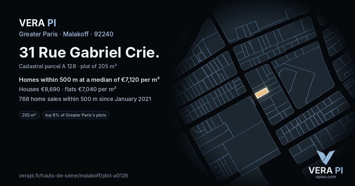 31 Rue Gabriel Crie, Malakoff at night – the plot lit, the parcels around coloured by the prices near them
