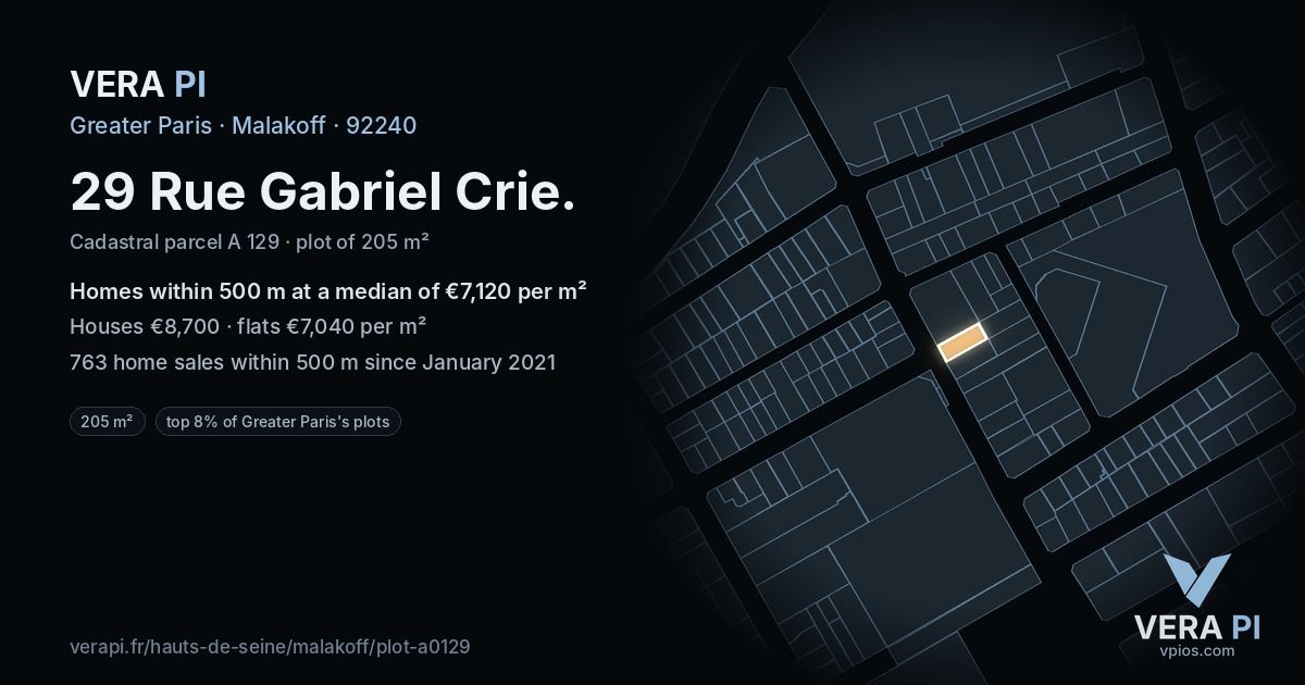 29 Rue Gabriel Crie, Malakoff at night – the plot lit, the parcels around coloured by the prices near them