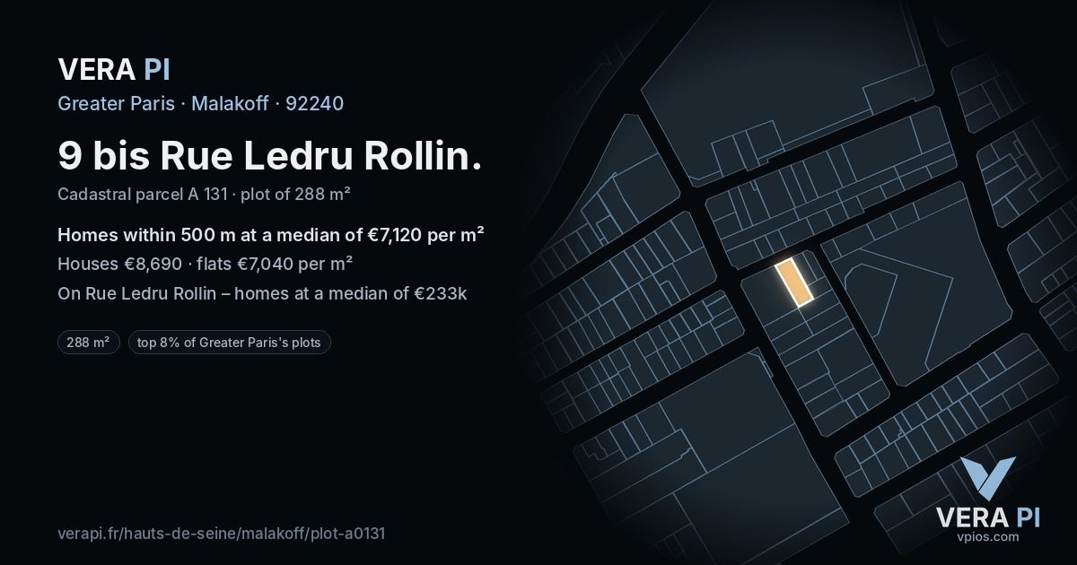 9 bis Rue Ledru Rollin, Malakoff at night – the plot lit, the parcels around coloured by the prices near them