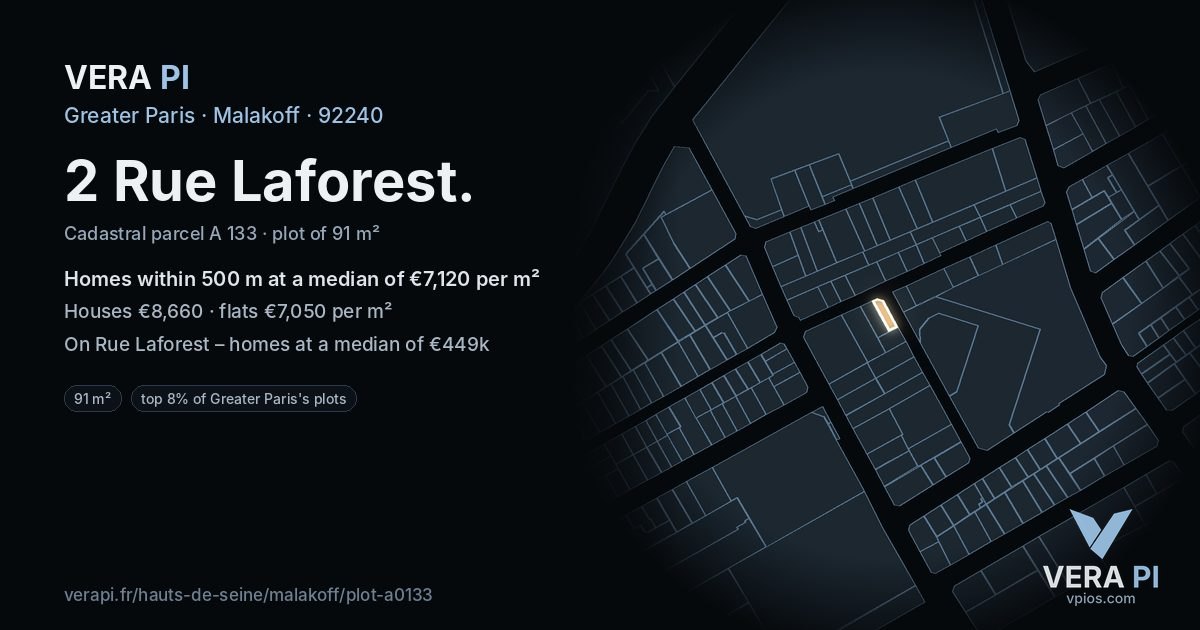2 Rue Laforest, Malakoff at night – the plot lit, the parcels around coloured by the prices near them