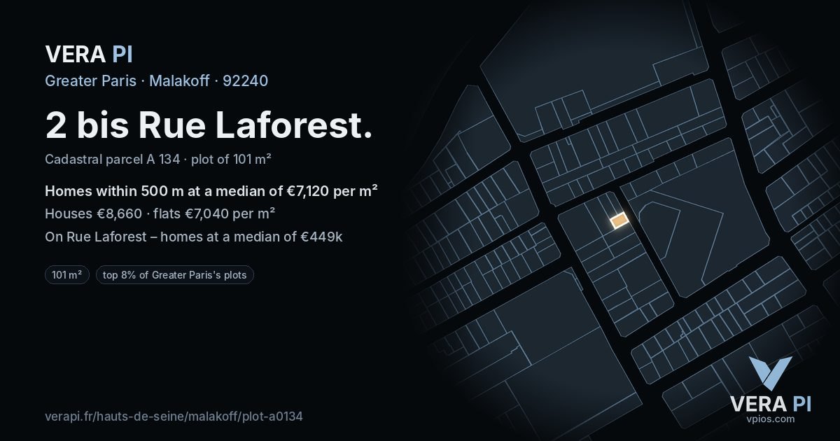 2 bis Rue Laforest, Malakoff at night – the plot lit, the parcels around coloured by the prices near them