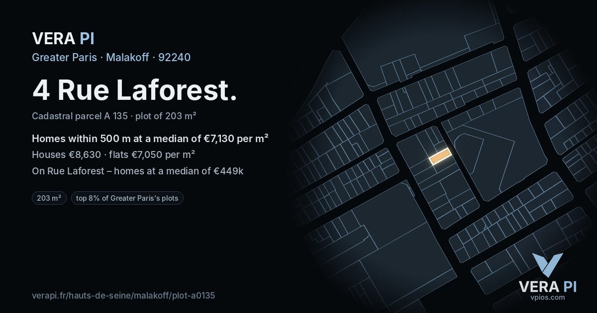 4 Rue Laforest, Malakoff at night – the plot lit, the parcels around coloured by the prices near them