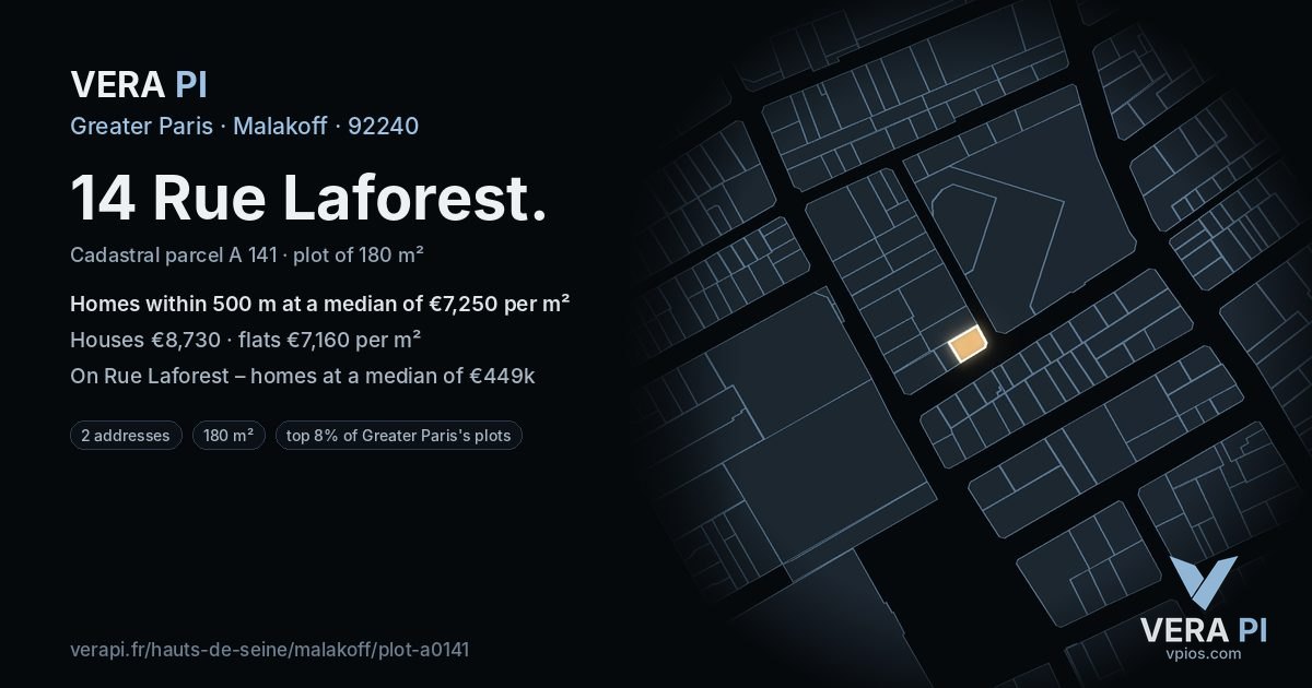 14 Rue Laforest, Malakoff at night – the plot lit, the parcels around coloured by the prices near them