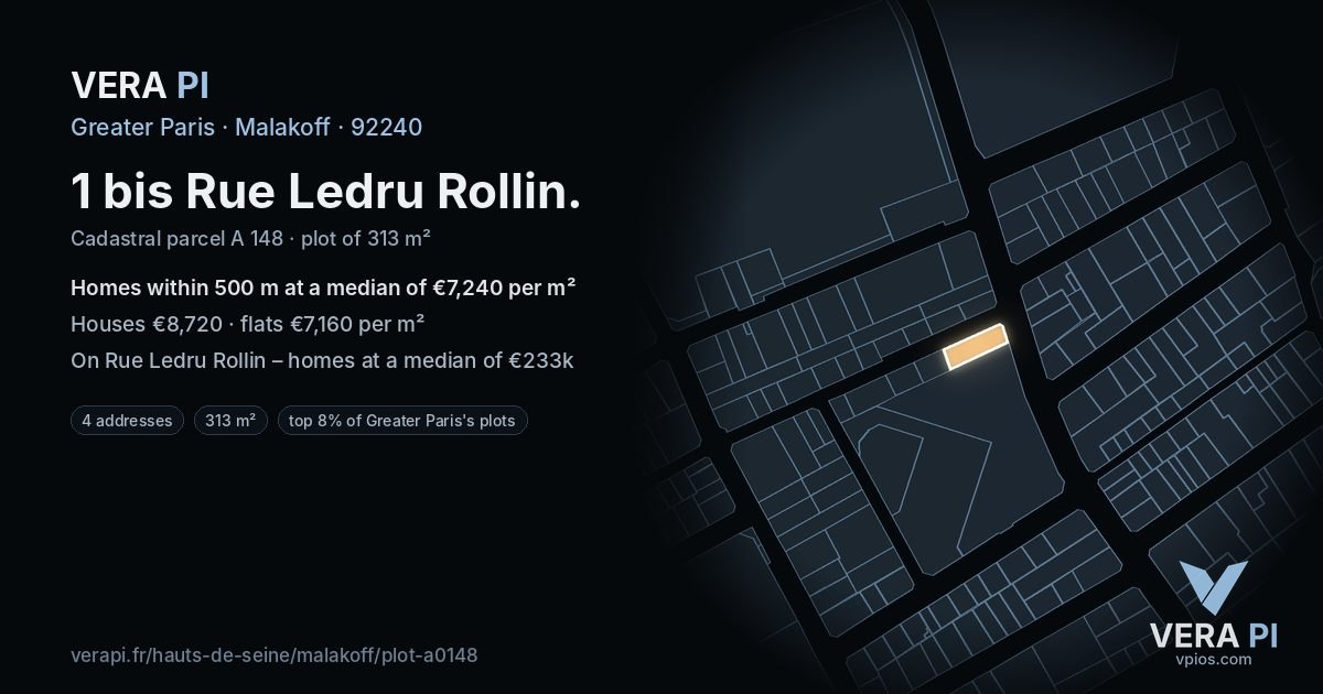 1 bis Rue Ledru Rollin, Malakoff at night – the plot lit, the parcels around coloured by the prices near them