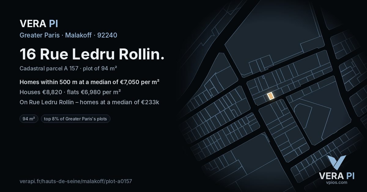16 Rue Ledru Rollin, Malakoff at night – the plot lit, the parcels around coloured by the prices near them