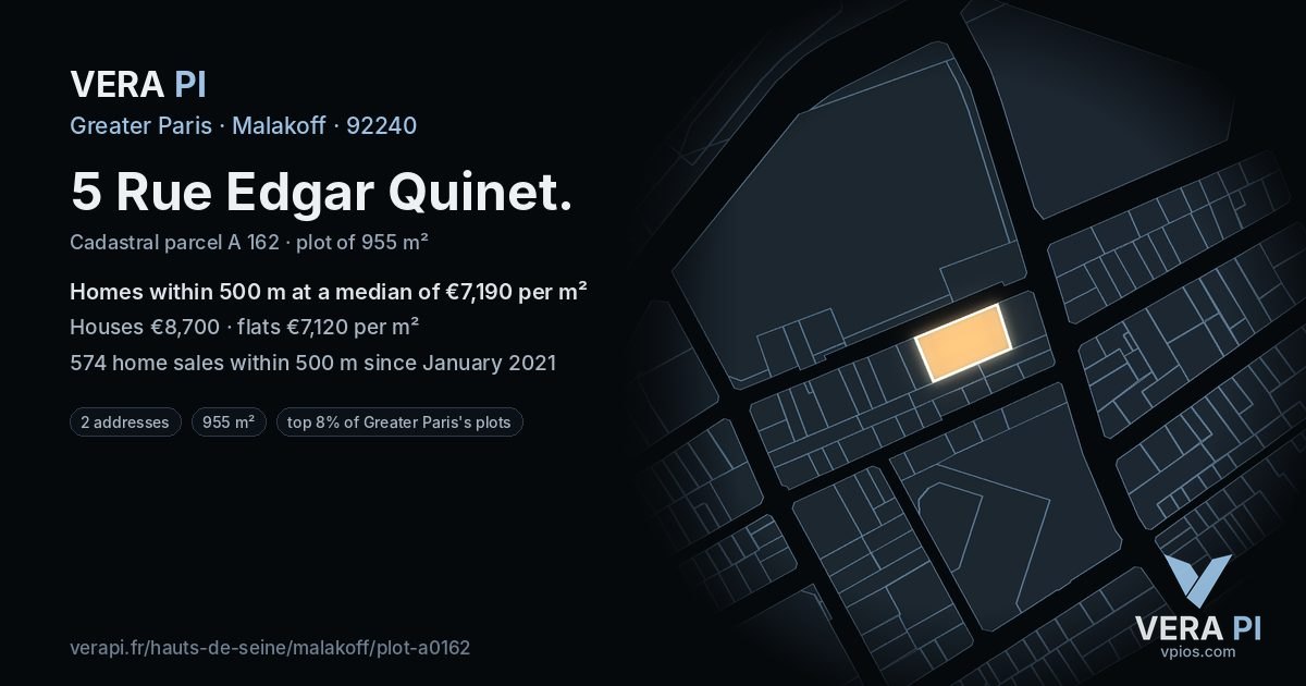 5 Rue Edgar Quinet, Malakoff at night – the plot lit, the parcels around coloured by the prices near them