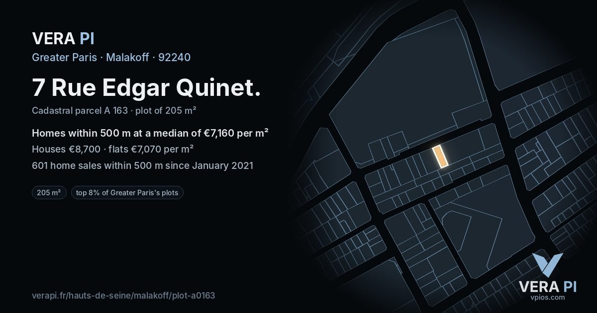 7 Rue Edgar Quinet, Malakoff at night – the plot lit, the parcels around coloured by the prices near them