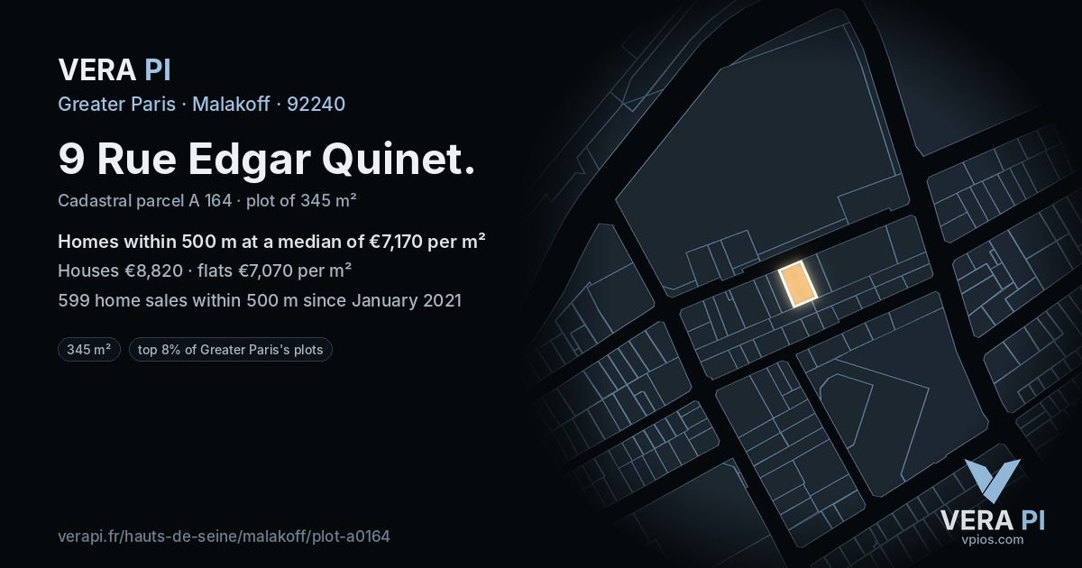 9 Rue Edgar Quinet, Malakoff at night – the plot lit, the parcels around coloured by the prices near them