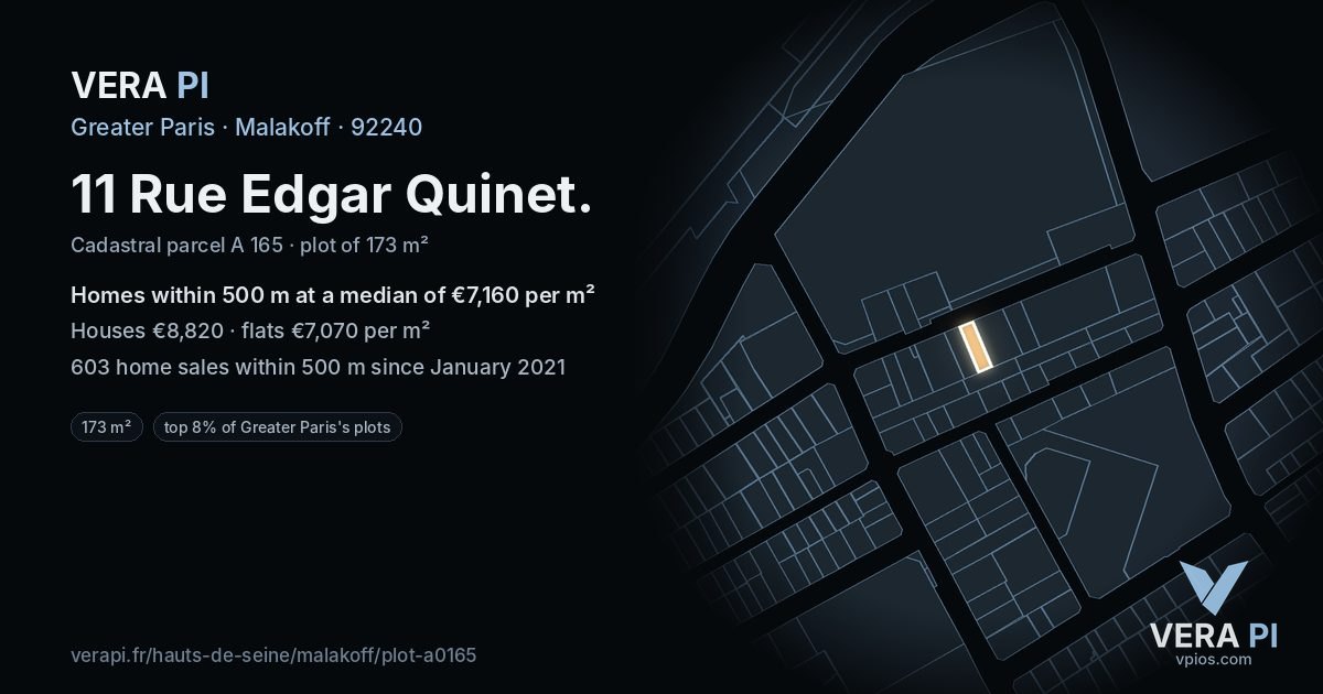 11 Rue Edgar Quinet, Malakoff at night – the plot lit, the parcels around coloured by the prices near them