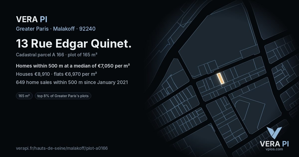 13 Rue Edgar Quinet, Malakoff at night – the plot lit, the parcels around coloured by the prices near them