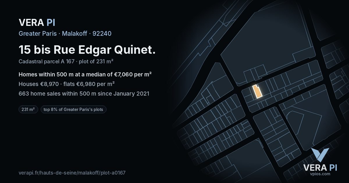 15 bis Rue Edgar Quinet, Malakoff at night – the plot lit, the parcels around coloured by the prices near them