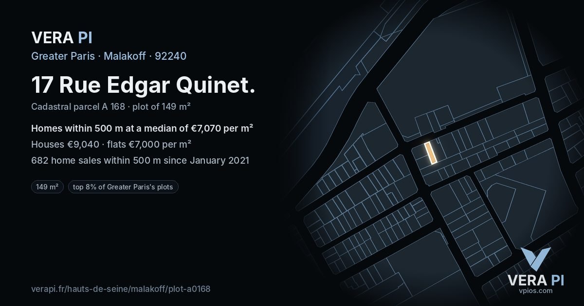 17 Rue Edgar Quinet, Malakoff at night – the plot lit, the parcels around coloured by the prices near them