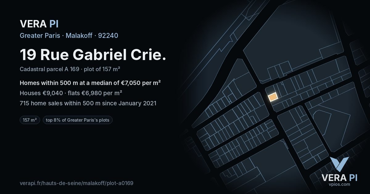 19 Rue Gabriel Crie, Malakoff at night – the plot lit, the parcels around coloured by the prices near them