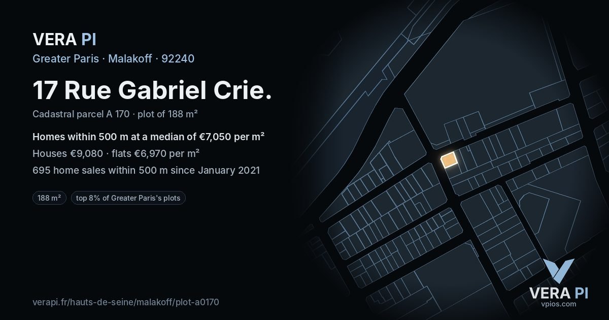 17 Rue Gabriel Crie, Malakoff at night – the plot lit, the parcels around coloured by the prices near them