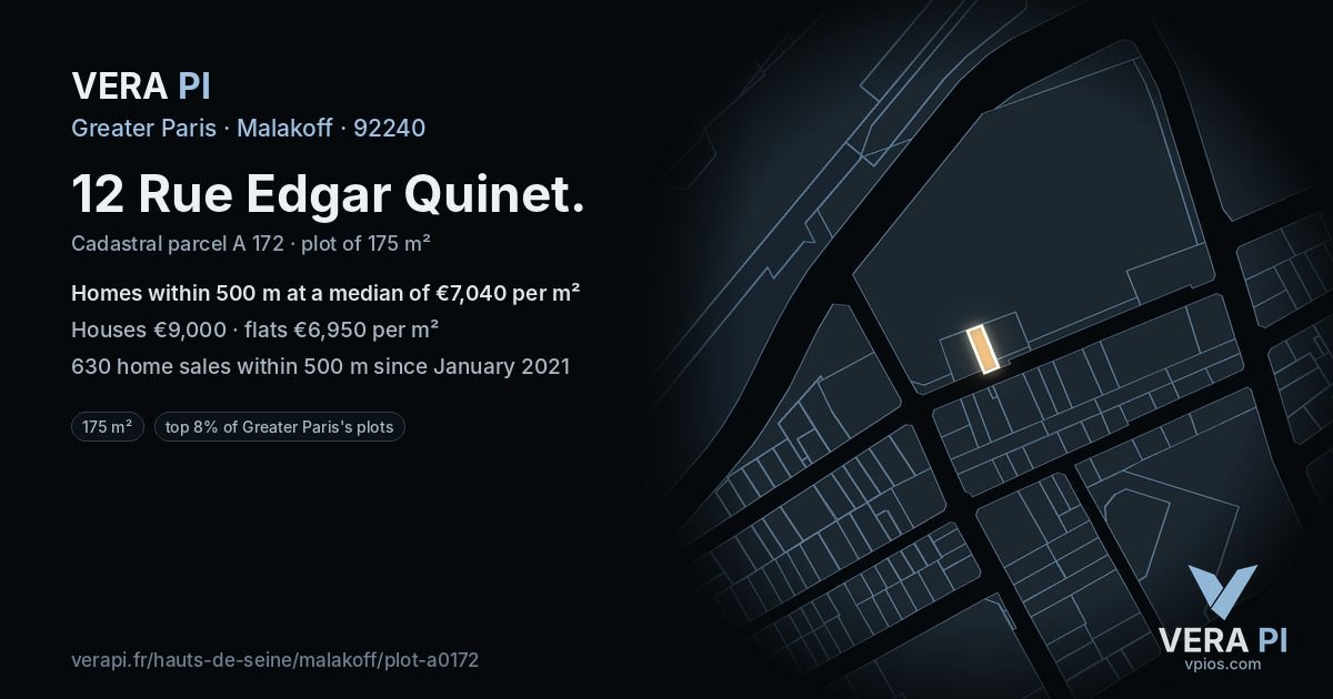 12 Rue Edgar Quinet, Malakoff at night – the plot lit, the parcels around coloured by the prices near them